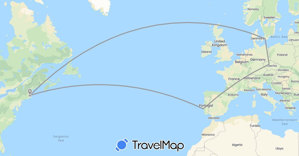 TravelMap itinerary: driving, plane in Czech Republic, Denmark, Portugal, Sweden, United States (Europe, North America)
